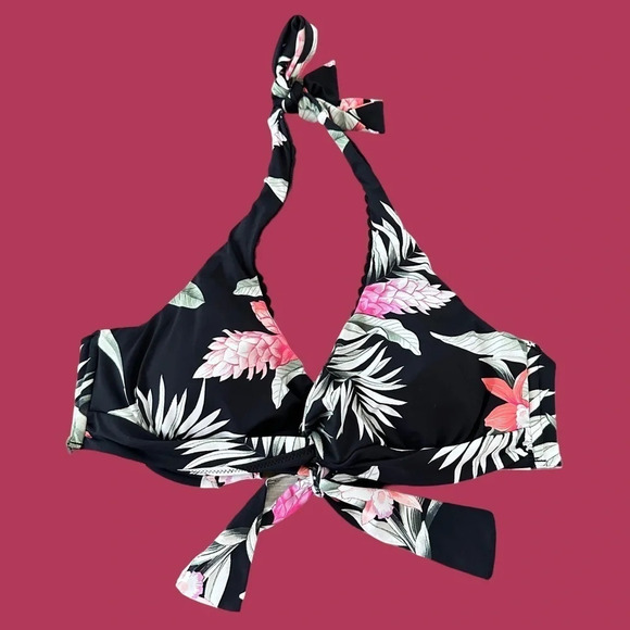 Tommy Bahama Other - Tommy Bahama XS Twist Front Underwire Halter Tie Bikini Top Black Floral Swim